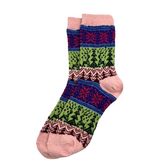 Womens Wool Blend Socks Crew Knit Green Pink Blue Red Christmas Tree Reindeers - Picture 3 of 5